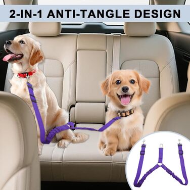 Ремінь безпеки для собак у машину, подвійний, еластичний, регульований, з амортизатором та карабіном для маленьких та середніх собак (фіолетовий)