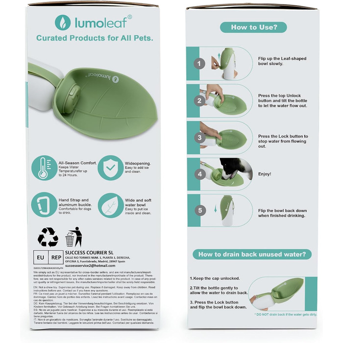 LumoLeaf Ізольована термофляга для собак, 800 мл - Зберігає воду холодною або теплою годинами, міцна та портативна для подорожей, широке горлечко для зручного наповнення та миття (Зелена, 800 мл)