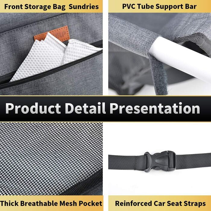 Автокрісло для собак - автокрісло для маленьких собак з ременем, водонепроникне, стабільне, для заднього та переднього сидіння, чорно-сірий (з PVC-трубою)