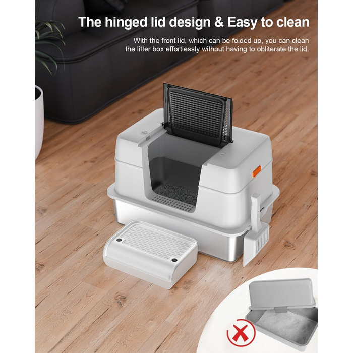 Великий котячий туалет VERYMODEL XXL з нержавіючої сталі 61x41x31 см, з кришкою, високими бортами, антипригарним покриттям, герметичний, легкий у догляді