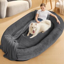 Крісло-мішок для собак та людей NESTROAD, 180x114x35 см, сірий, з штучним хутром, подушкою та ковдрою