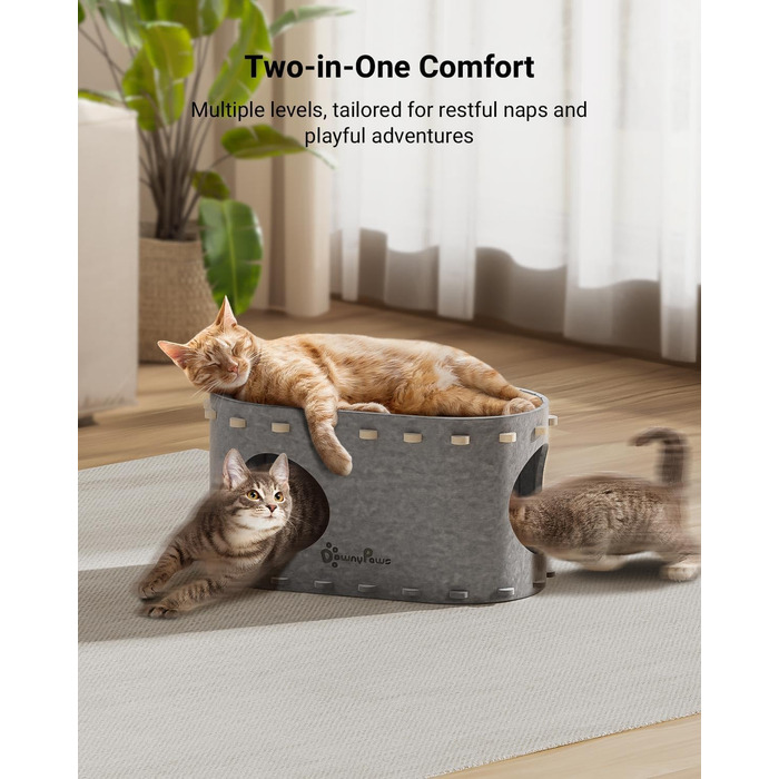 Будиночок для котів DownyPaws PeekaPurr, тунель-когтеточка, складний, для великих котів до 10 кг, закрите ліжко, кремово-сірий