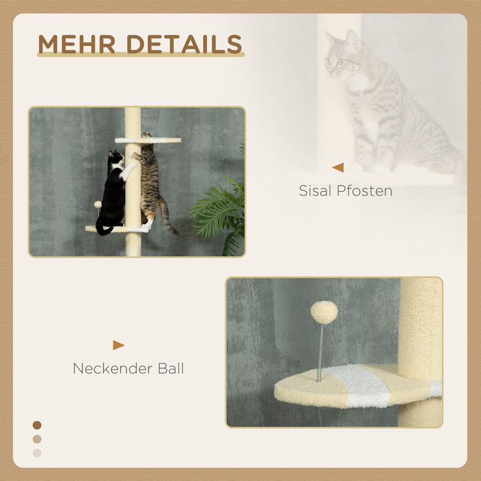 PawHut Cat Tree, Кігтеточка для кішок Висота стелі, 220-260 см, Лазіння по дереву з Play Ball, Котяче дерево з регулюванням висоти, Ігрове дерево із захистом проти нахилу, Плюш, Жовтий | Аосом
