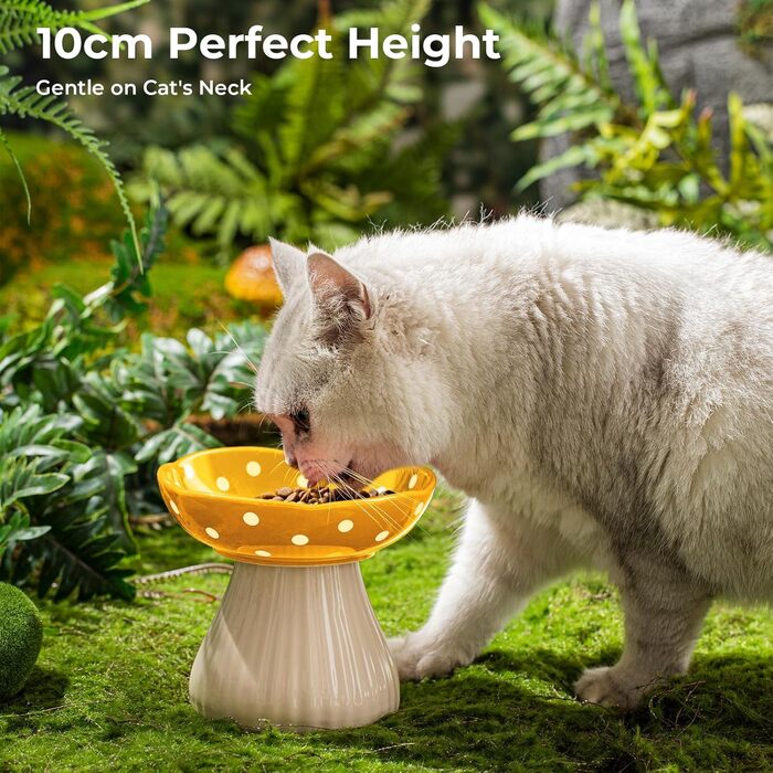 Підвищений годівниця для котів, керамічна миска у формі гриба, широка та плоска миска для котів на підставці, миска для котів, що запобігає блювоті, миска для кошенят та літніх котів (жовта)
