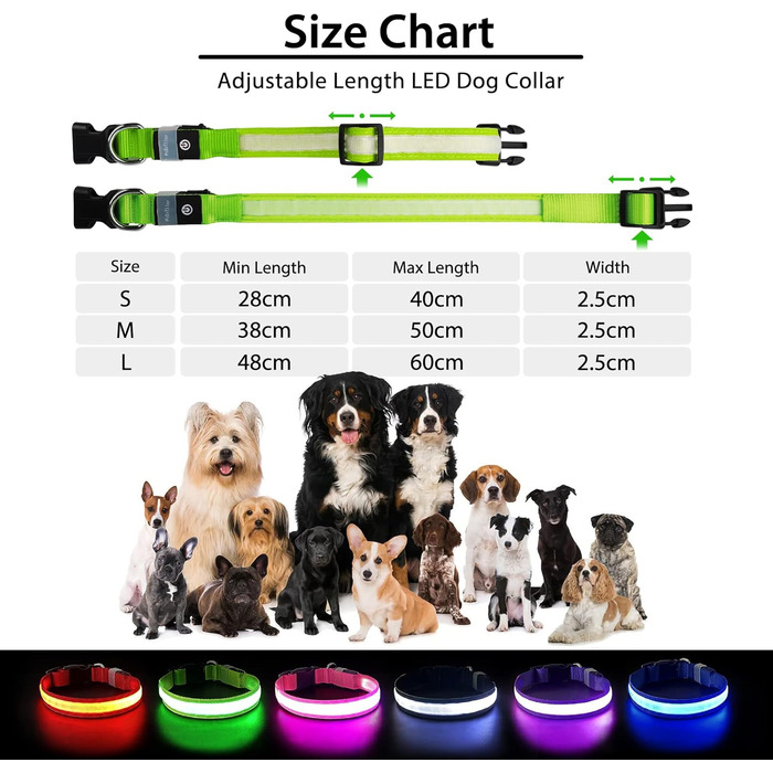Світлодіодне нашийник для собак Leuchthalsband, водонепроникний, 7 кольорів, регульований, для маленьких та великих собак, 8 режимів, зелений, розмір M (38-50 см)