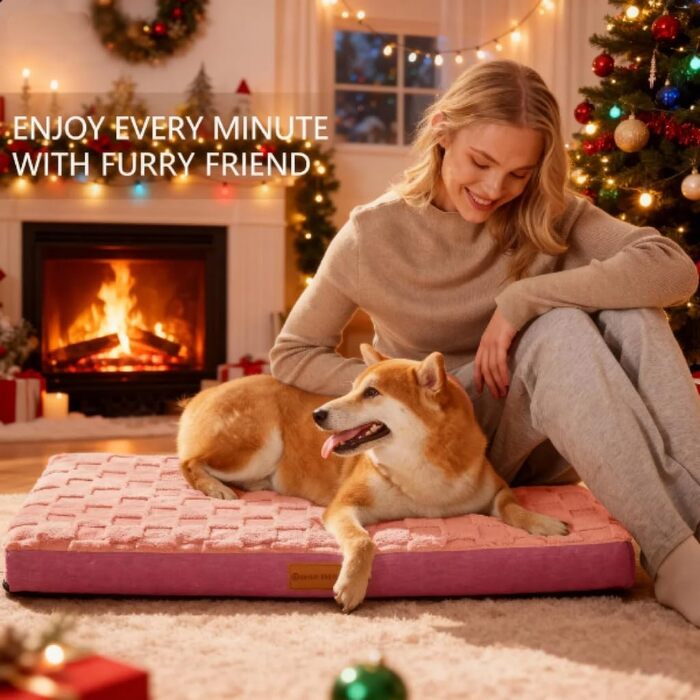 Ортопедичне собаче ліжко Patas Lague XL для великих собак, 106.7 x 71.1 см, водонепроникне, м'яке, тепле, зручне, з пінопластовою матрацом у формі стільців, знімний, пральний чохол та неслизьке дно, (S:20x15x3.5 IN, Рожевий)