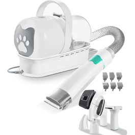 Набір для догляду за шерстю домашніх тварин: пилосос, видалення шерсті, 7-в-1 інструменти + професійна машинка для стрижки. Підходить для всіх пухнастих улюбленців (білий)
