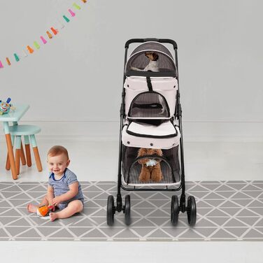 Двошаровий візок для домашніх тварин з сіткою, гальмом та сумкою для зберігання. Складаний візок для собак та котів на 15-20 кг (сірий)
