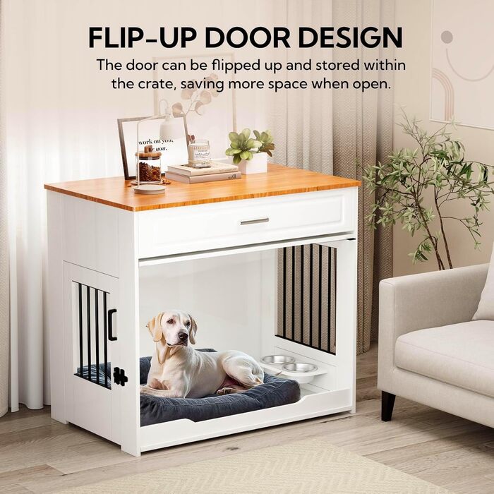 DAWNYIELD Клітка для собак, меблі для тварин, дерев'яний вольєр з відкриваючимся верхом, шухляда, меблевий стиль, внутрішній вольєр для собак, стіл з поворотним мисником на 360°, білий колір, ковзаюча дверцята білого кольору