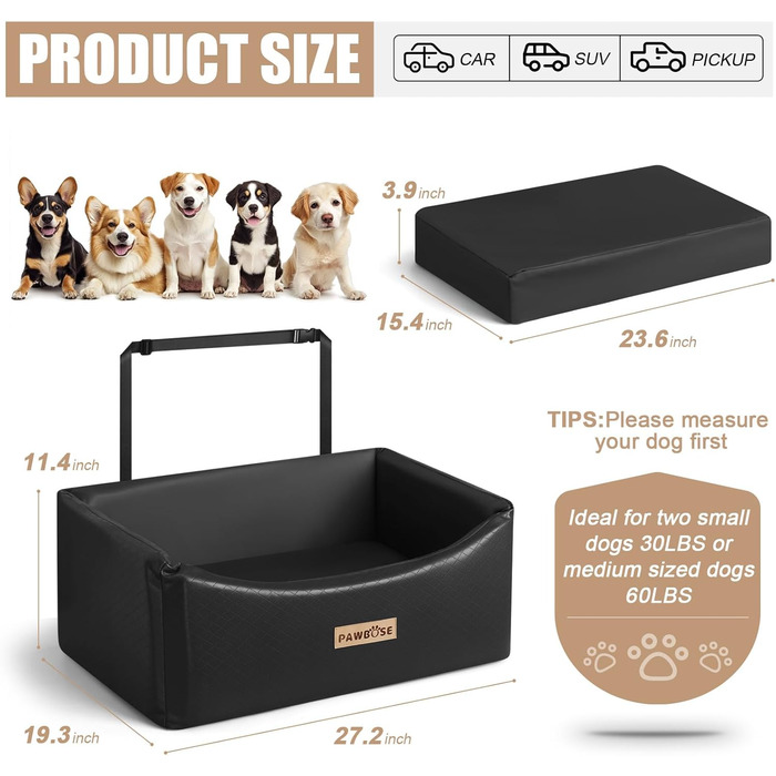 Автокрісло для собак, переноска для собак великих порід (до 25 кг) з ременем безпеки, водонепроникне автоліжко для тварин