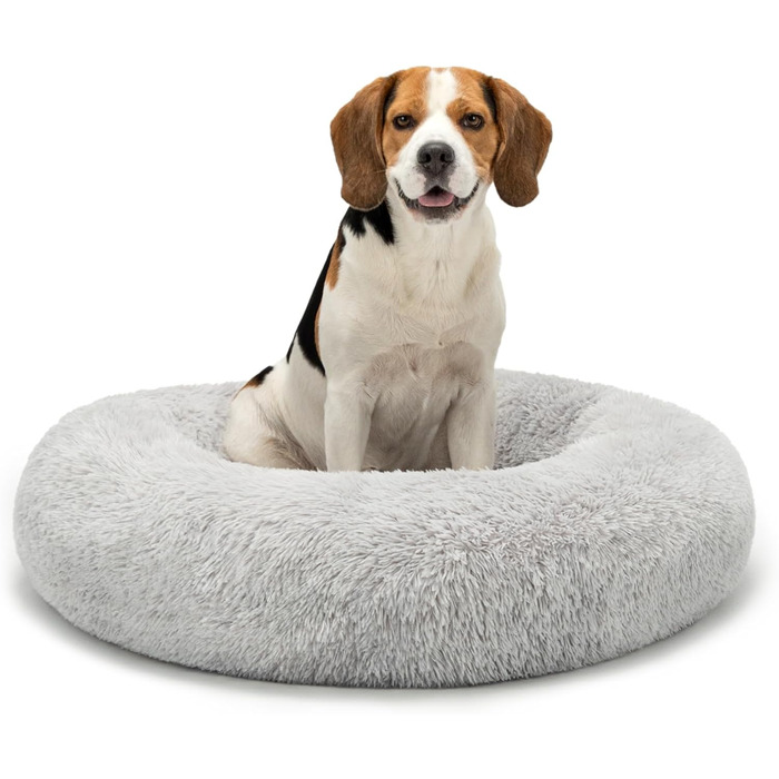 Кругле ліжко для собак та котів Lionto, Ø 80 см, сірий колір, м'який плюш, товста наповнювач, 80 x 80 x 24 см
