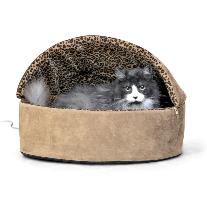 K&H PET PRODUCTS Thermo-Kitty Bett Deluxe – електричне лежанка для котів, для дому, з підігрівом, світло-коричнева з леопардовим візерунком, 50,8 см