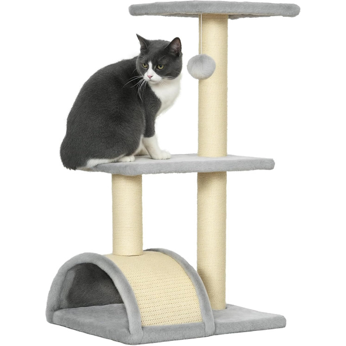 Кігтеточка PawHut для котів 72 см: багатоярусна, з м'ячиками, сизаль, платформа, дряпальня, для середніх котів, кремово-білий (світло-сірий)