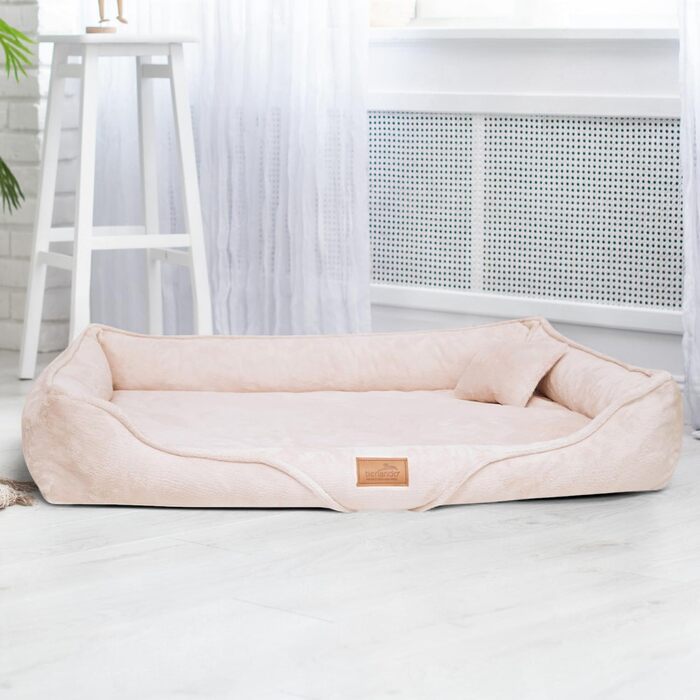 Ортопедичне собаче ліжко Tierlando® Tyson Teddy – м'яке собаче ліжко-софа з знімним чохлом, виймаюча віскоеластична матрацна подушка та ергономічний вхід. Розмір: 130x100 см, колір: кремовий
