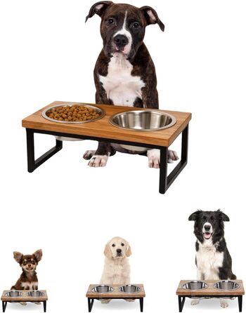 Підвищений дерев'яний стійка для собак AASPIRE PETS з 2 нержавіючими мисками – для води та корму, об'єм 0,9 л, годівниця для собак середніх порід