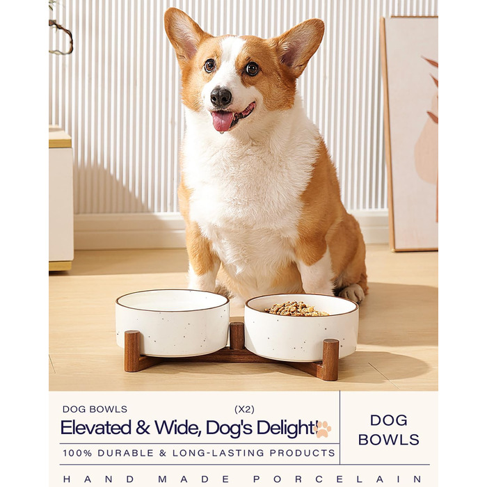 Набір мисок для собак Getstar з кераміки на підставці з акації, 887 мл, 2 шт, з кольоровим обідком