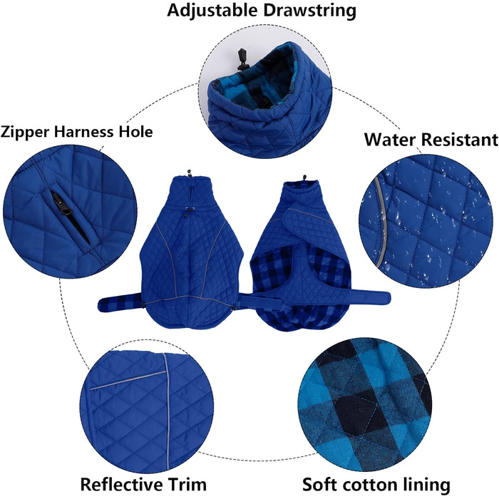 Зимовий теплий куртка Babypet для собак середніх та великих порід, водонепроникний, з блискавкою та отвором, відбиваючий, регульований, для холодних умов, Marineblau (gesteppt)