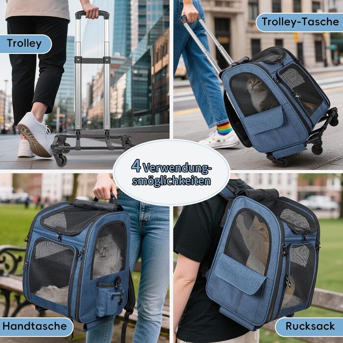 OUUTMEE Сумка-переноска для тварин, знімний чохол на колесах, ідеальна для котів та маленьких собак, багатофункціональний рюкзак, сумка-рюкзак 4-в-1, дихаюча (блакитна)