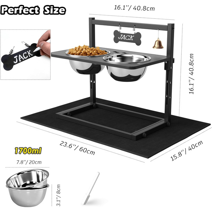 Підвищені годівниці для собак великих та екстра-великих порід, з антипроливною підкладкою, об'єм 3000 мл (2 шт.), стабільна годівниця висотою 46 см, коричневого кольору. Металеві годівниці та підкладка, 2.863 мл, 46 см