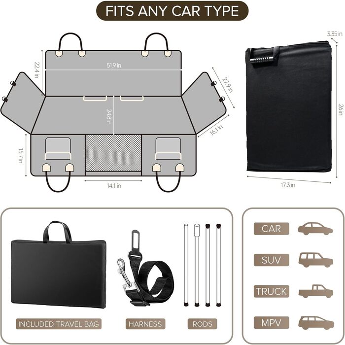 Подовжувач для заднього сидіння вантажівки XL для собак, жорстка основа, чохол на сидіння автомобіля для собак, міцна автомобільна гамак для собак, водонепроникні чохли для сидінь для домашніх тварин для вантажівок, F150, Ram1500 та великі SUV, сірий колі
