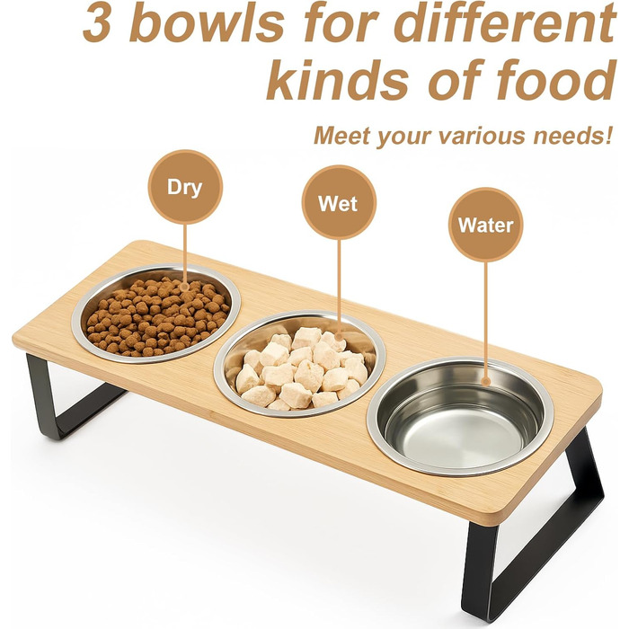 Підвищена годівниця для котів з 3 мисками з нержавіючої сталі, 15° нахил, набір мисок для котів, годівниця для котів та невеликих собак
