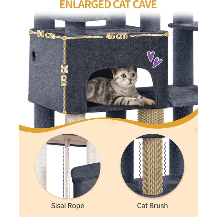 Декілька рівнева кігтеточка для котів Hzuaneri MS20018LG, 200 см, XXL, 10 стовпчиків, 2 печери, 2 гамаки, велика платформа, щітка для котів, кошик, для мейн-кунів та великих котів