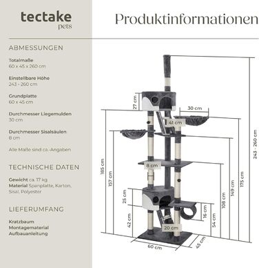 Tectake Котячий дряпка XXL, регульований 243-260 см, з драбинкою, будиночком, тунелем, лежанкою та сизалевими стовпами, сірий/білий