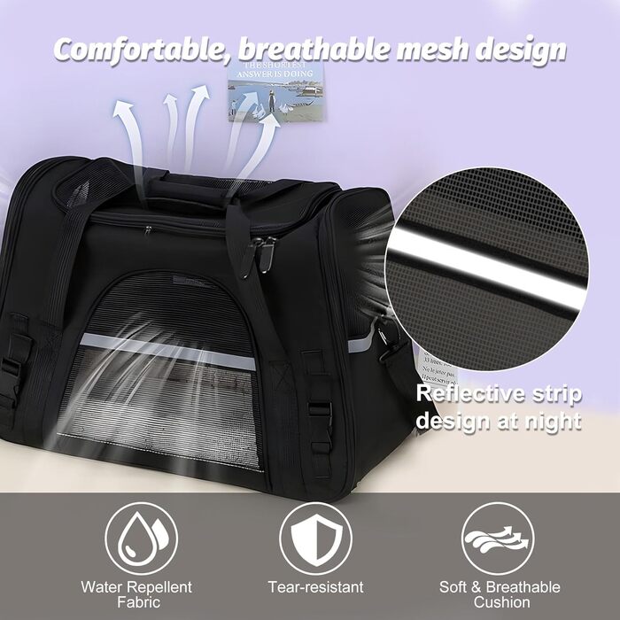 Транспортна сумка для тварин ZSMJAER з підстилкою з флісу, для котів та маленьких собак до 10 кг, чорна