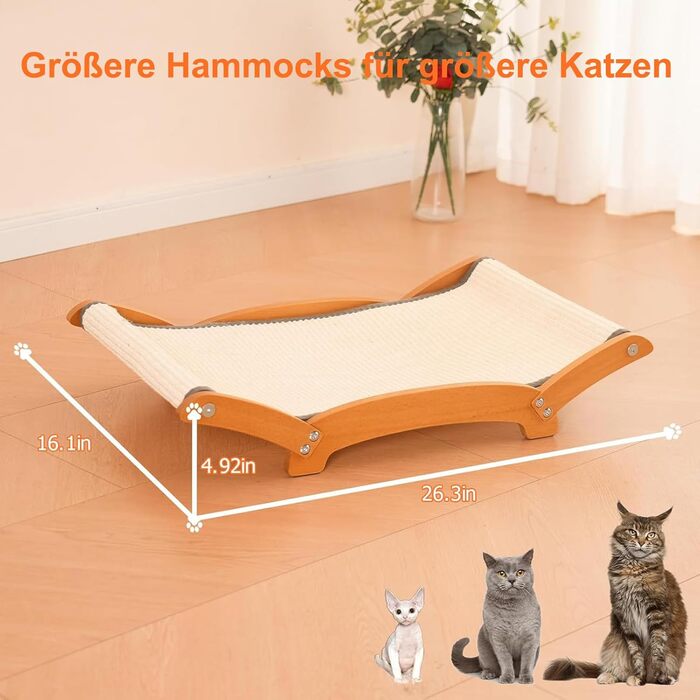 Кігтеточка-ліжко для котів з сизалю, масивне дерев'яне ліжко-гамак, кігтеточки, стійка для дряпання, великі коти, меблі для котів