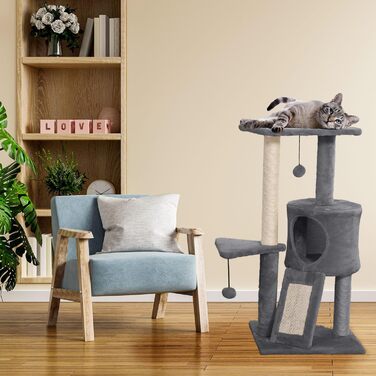 Дряпак для котів PATAM з сизалю, котяча печера та пандус, посилена основа, легка збірка – висота 83,5 см, іграшки Бежевий (Темно-сірий)