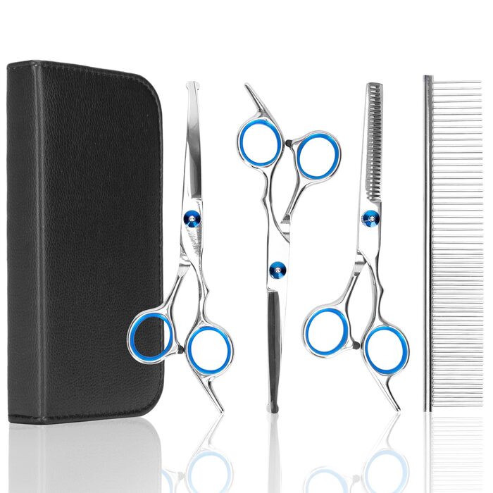 Набір професійних ножиць для собак Nobleza Hundeschere Set Profi: 4 в 1 (з круглим ножем, безпечною на кінчику, для собак, котів, тварин)