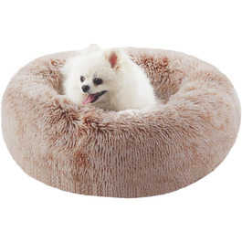 Заспокійливе собаче ліжко у вигляді пончика для маленьких собак, миється, кругле, ліжко для цуценят зі знімним покриттям, м'яке плюшеве ліжко для котів та собак, підходить для тварин до 11,3 кг, 58x58x18 см, Колір: Коричневий