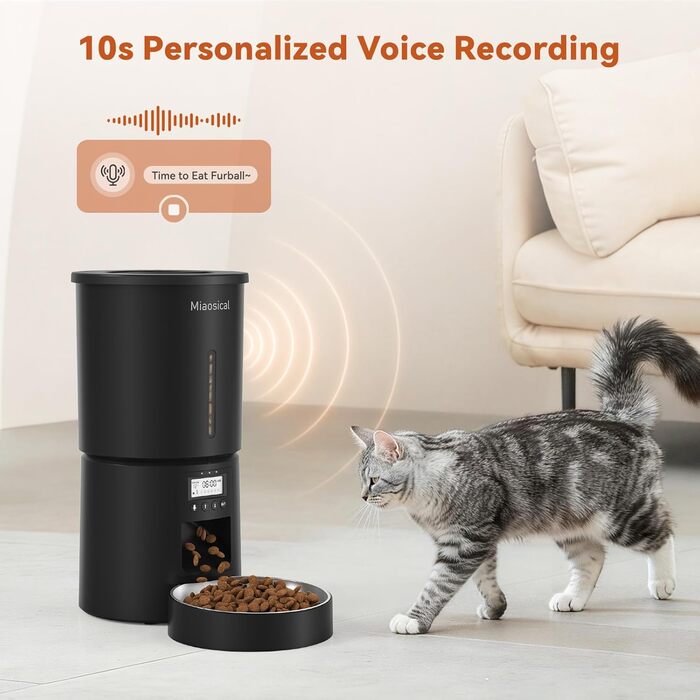 Автомат годівлі для котів 4.2L з програмуванням, з окремою мискою, подвійне живлення, 6 прийомів їжі на день (Чорний), миска з нержавіючої сталі