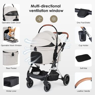 Дитяча коляска для тварин T6 Luxus, для собак середніх розмірів (до 30 кг) та котів, складна, знімний дах (Бежевий)