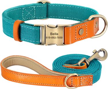 Персоналізований набір повідка та нашийника для собак з нейлону та шкіри, блакитний, S