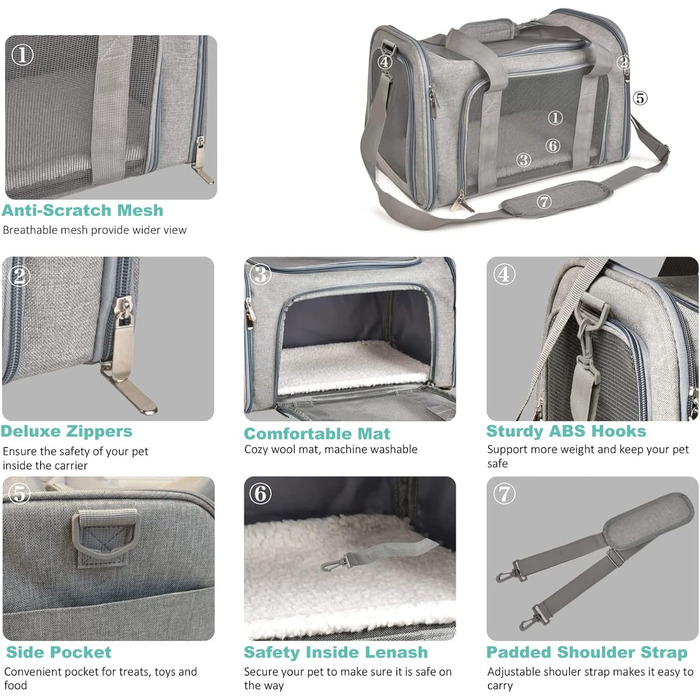 Транспортна сумка для кота/собаки PETCUTE, сіра, велика, з підкладкою та регульованим ременем
