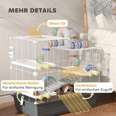 Клітка для хом'яків PawHut 4-ярусна з аксесуарами: колесо, годівниця, тунель, хатинка. Розмір 78x45x73 см, сіра