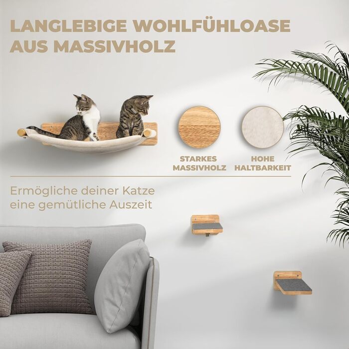 WOOWOOD® Стіна для котів із масиву дерева з 2 сходами, гамаком і когтеточкою – настінний комплекс для котів, меблі для лазіння, кріплення на стіну