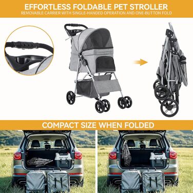 Візок для собак та котів DWVO, сірий, до 15 кг, складання, з підстаканником та кошиком для зберігання