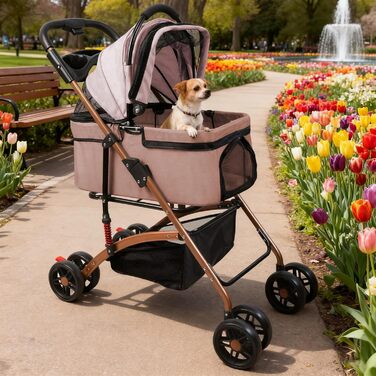 Візок для собак 3 в 1, розкладний, для маленьких собак та котів, знімний кошик, сітка, Oxfordstoff, до 20 кг (Хакі)