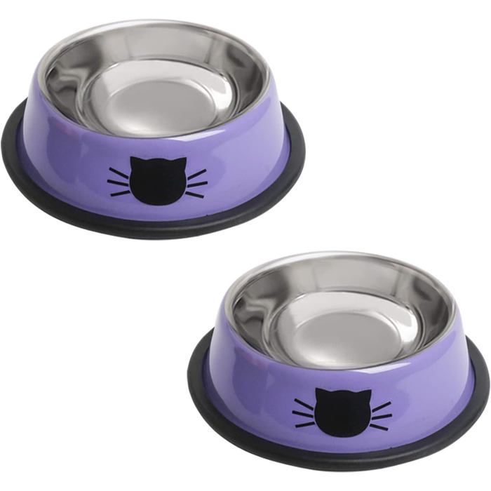 Набори мисок для котячого корму та води, нержавіюча сталь, з гумовим дном, фіолетовий, 2 шт.
