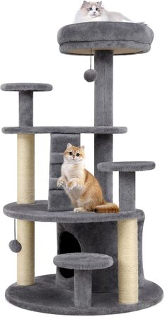 Дерев'яний кігтетопор для котів Costway з будиночком, м'ячем, драбиною та платформами (сірий)