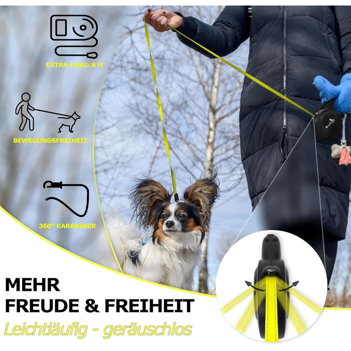 Рулетка для собак Bluzelle 8м, до 50кг, Neon-Yellow, з металевим карабіном 360°, зручний гумовий хват, стопорна система