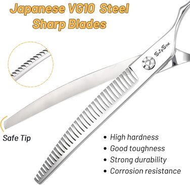 Професійна вигнута ножиця для грумінгу домашніх тварин 7.5 дюймів (25 градусів) з 35 зубцями, коефіцієнт розрідження 65%, високоякісна грумерська ножиця