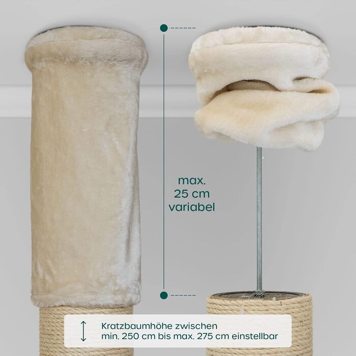 Кігтеточка HAPPYPET 'Леонардо' XXL для великих котів, 250-275 см, товсті стійкі стовпи, великі лежанки до 20 кг, гніздо, сертифіковане дерево, кігтеточка для Мейн-кунів та Регдоллів, сірий/кремовий колір