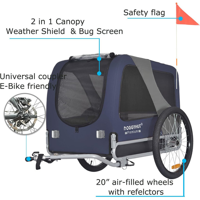 DOGGYHUT® Преміум великий велопричіп для собак об'ємом 270 літрів, синій