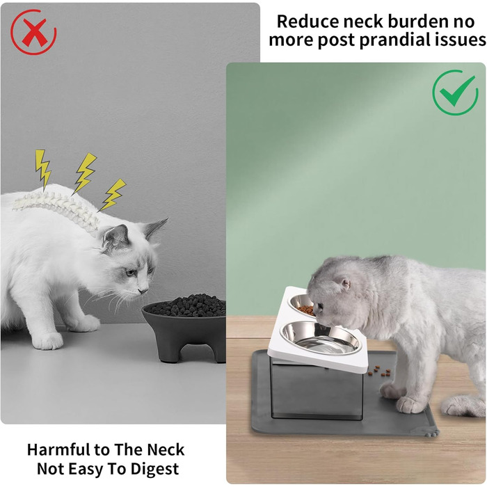 Підвищений годівниця для котів з килимком, нахилений під кутом 15°, миска для їжі та води, що запобігає блювоті, 2 шт. з нержавіючої сталі для котів та цуценят (сірий), 2 миски (білий)