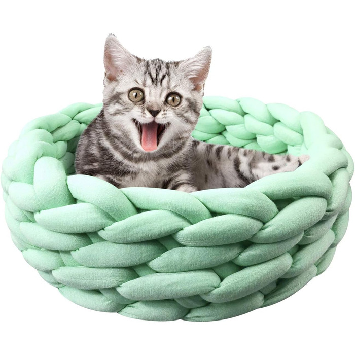 Котяче ліжко Lucky Monet, кругле, в'язане з бавовни, м'яке плетене лежанка для котів і собак, Boho стиль, 40 см, м'ятно-зелене