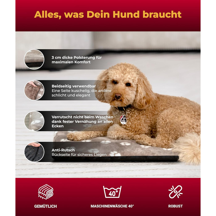 Лежанка для собак HS-Hundebett® XS (45x65 см) – неслизька та затишна, з наповнювачем 3 см – ідеальна для дивану, авто та переноски – Made in DE (65 x 95 см, Tatze Beige)