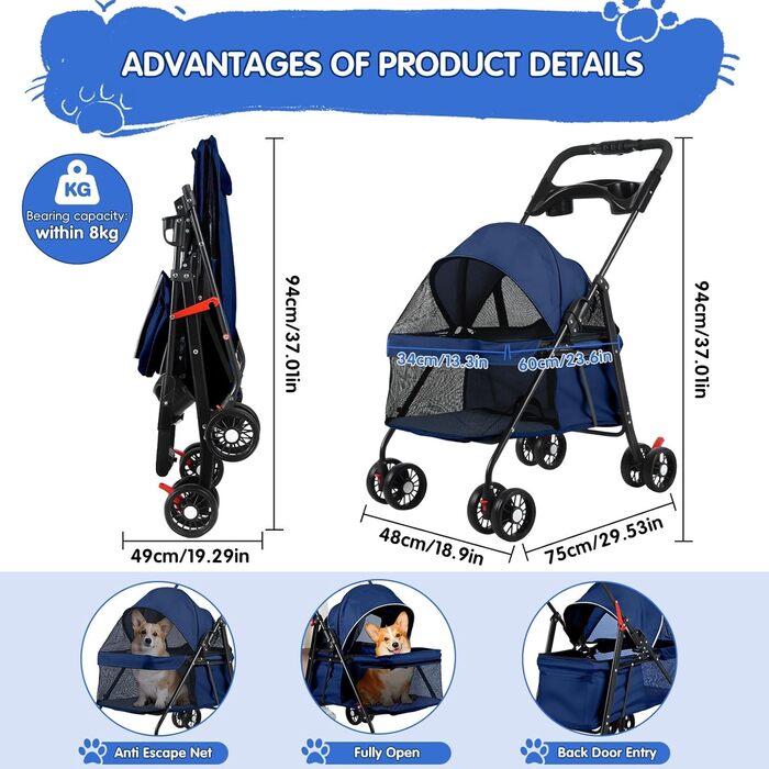 Дитяча коляска для тварин 4-Rad, синього кольору. Легка коляска для собак та котів з поворотними колесами та дихаючим мережевим покриттям. Ідеально для прогулянок та подорожей.